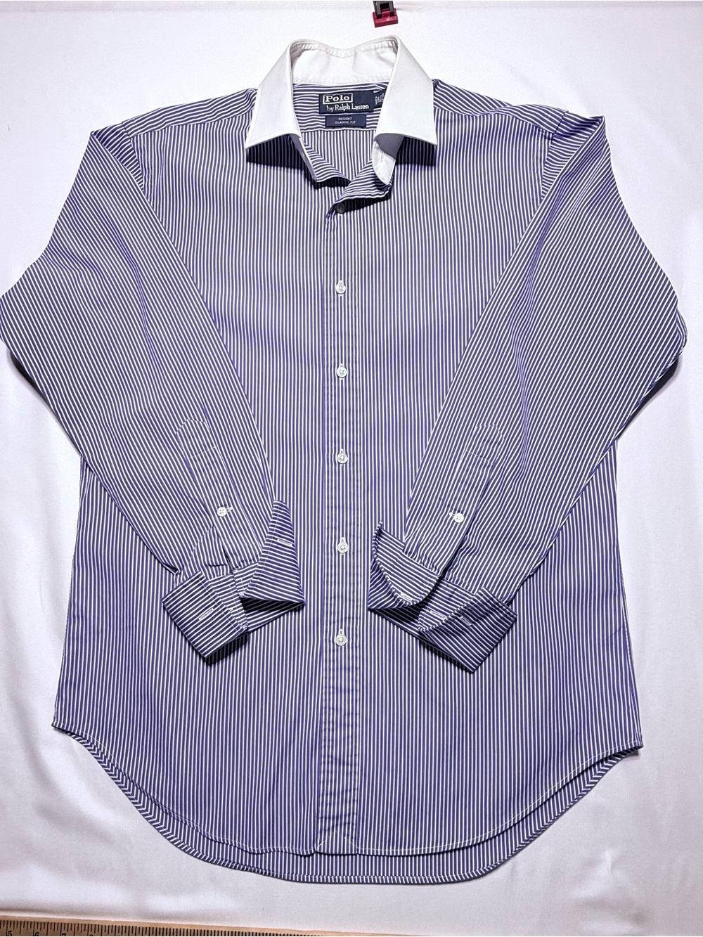 Ralph Lauren Blue and White Stripe Dress Shirt with White Contrast Collar